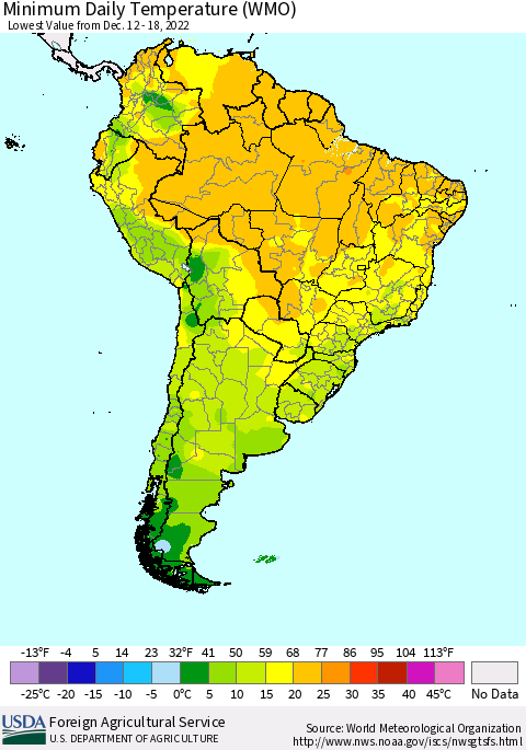 South America Minimum Daily Temperature (WMO) Thematic Map For 12/12/2022 - 12/18/2022