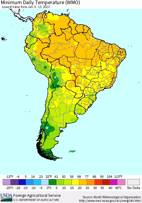 South America Minimum Daily Temperature (WMO) Thematic Map For 1/9/2023 - 1/15/2023