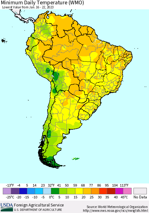South America Minimum Daily Temperature (WMO) Thematic Map For 1/16/2023 - 1/22/2023