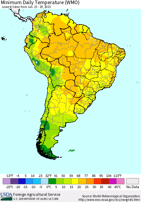South America Minimum Daily Temperature (WMO) Thematic Map For 1/23/2023 - 1/29/2023