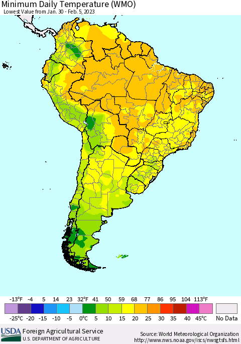 South America Minimum Daily Temperature (WMO) Thematic Map For 1/30/2023 - 2/5/2023