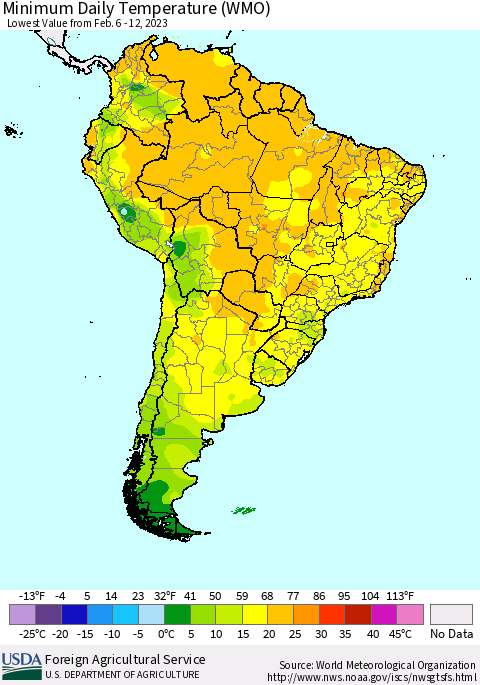 South America Minimum Daily Temperature (WMO) Thematic Map For 2/6/2023 - 2/12/2023