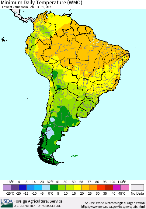 South America Minimum Daily Temperature (WMO) Thematic Map For 2/13/2023 - 2/19/2023