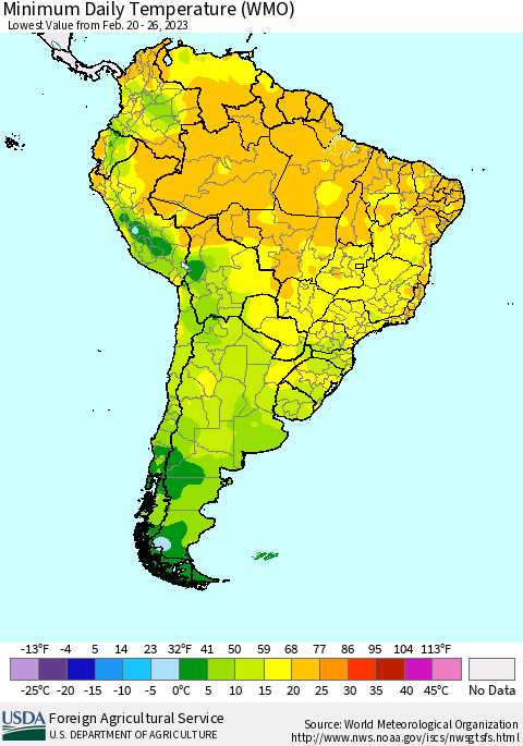 South America Minimum Daily Temperature (WMO) Thematic Map For 2/20/2023 - 2/26/2023