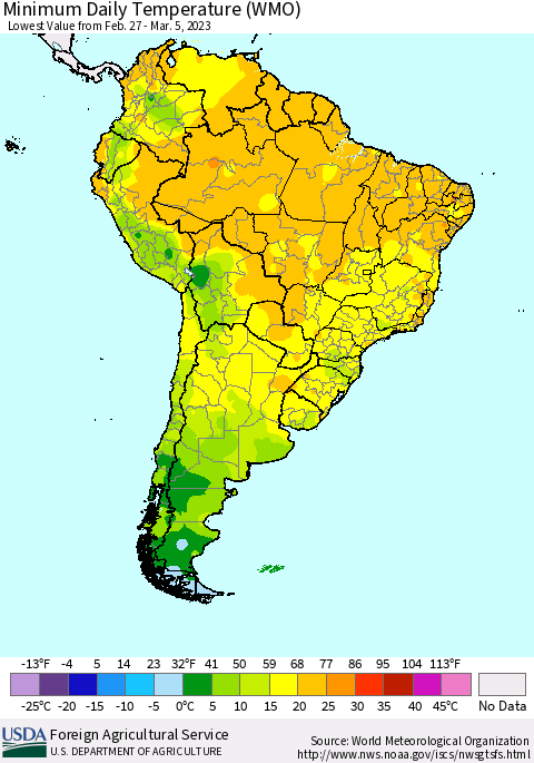 South America Minimum Daily Temperature (WMO) Thematic Map For 2/27/2023 - 3/5/2023