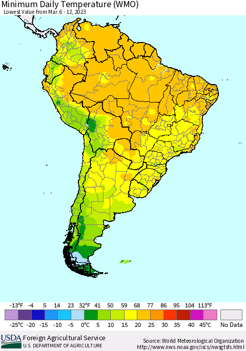 South America Minimum Daily Temperature (WMO) Thematic Map For 3/6/2023 - 3/12/2023