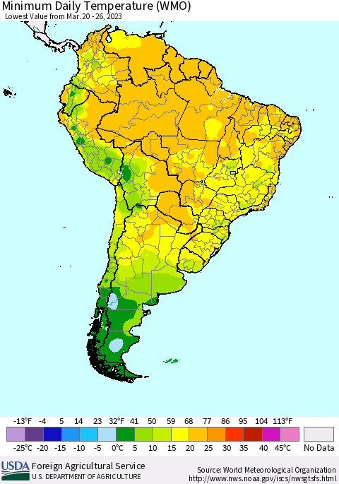 South America Minimum Daily Temperature (WMO) Thematic Map For 3/20/2023 - 3/26/2023