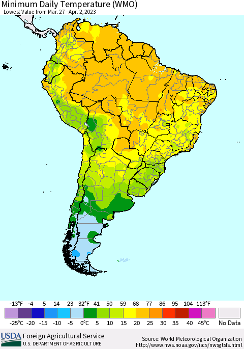 South America Minimum Daily Temperature (WMO) Thematic Map For 3/27/2023 - 4/2/2023