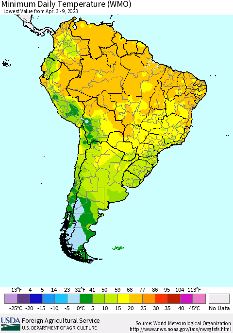 South America Minimum Daily Temperature (WMO) Thematic Map For 4/3/2023 - 4/9/2023