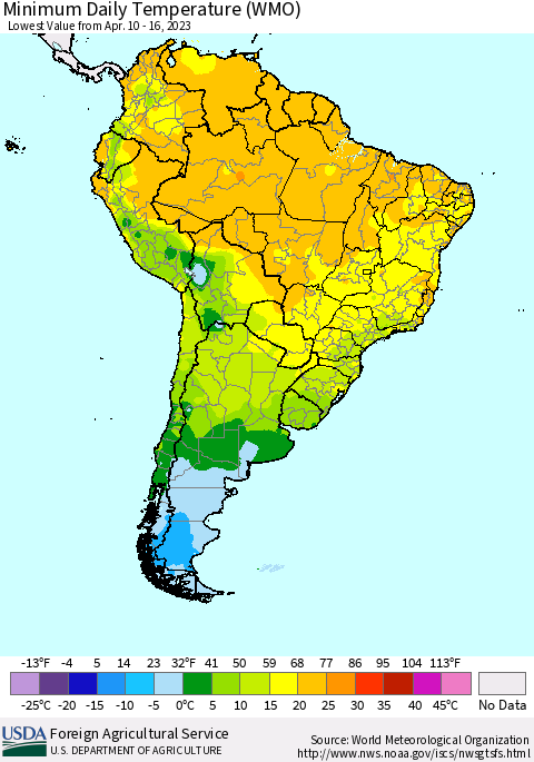 South America Minimum Daily Temperature (WMO) Thematic Map For 4/10/2023 - 4/16/2023