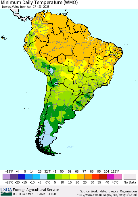 South America Minimum Daily Temperature (WMO) Thematic Map For 4/17/2023 - 4/23/2023