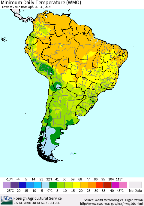 South America Minimum Daily Temperature (WMO) Thematic Map For 4/24/2023 - 4/30/2023