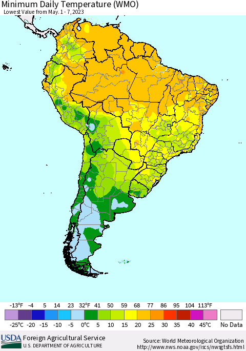 South America Minimum Daily Temperature (WMO) Thematic Map For 5/1/2023 - 5/7/2023