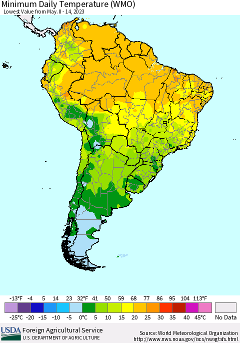 South America Minimum Daily Temperature (WMO) Thematic Map For 5/8/2023 - 5/14/2023