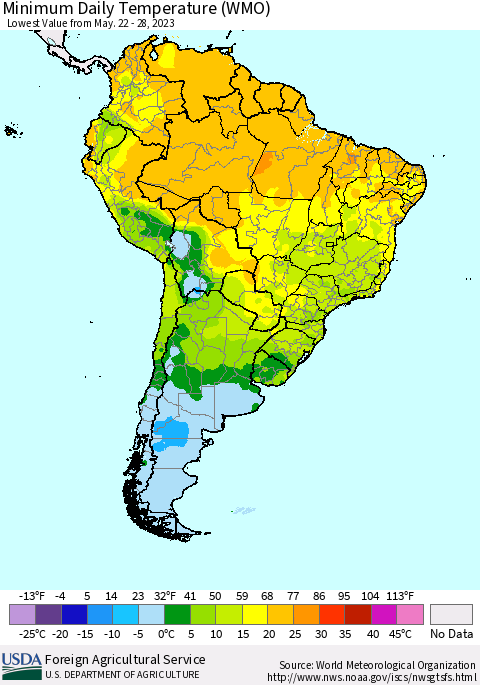 South America Minimum Daily Temperature (WMO) Thematic Map For 5/22/2023 - 5/28/2023