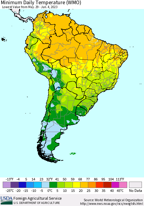 South America Minimum Daily Temperature (WMO) Thematic Map For 5/29/2023 - 6/4/2023