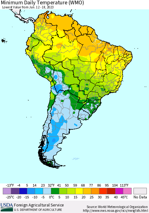 South America Minimum Daily Temperature (WMO) Thematic Map For 6/12/2023 - 6/18/2023