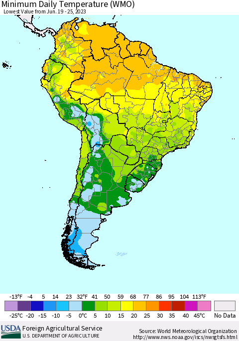 South America Minimum Daily Temperature (WMO) Thematic Map For 6/19/2023 - 6/25/2023