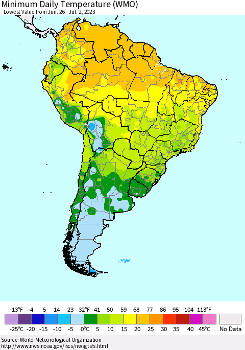 South America Minimum Daily Temperature (WMO) Thematic Map For 6/26/2023 - 7/2/2023