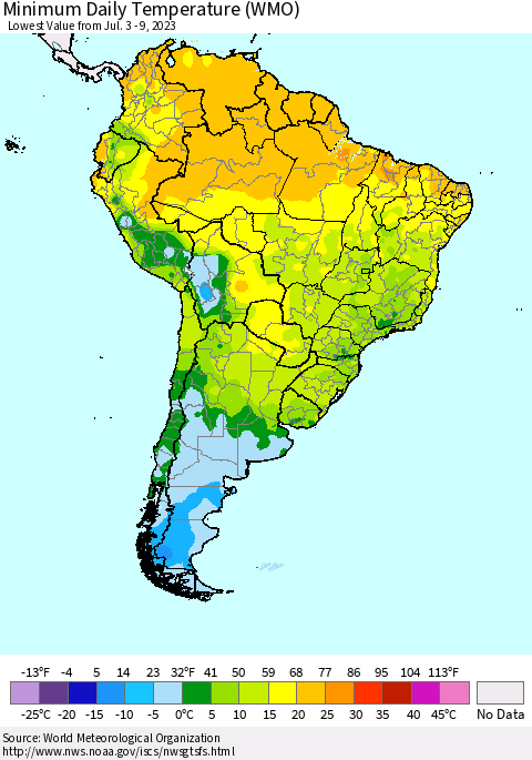 South America Minimum Daily Temperature (WMO) Thematic Map For 7/3/2023 - 7/9/2023