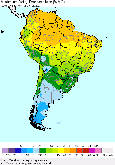South America Minimum Daily Temperature (WMO) Thematic Map For 7/10/2023 - 7/16/2023