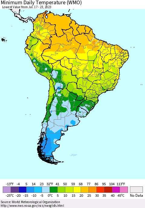 South America Minimum Daily Temperature (WMO) Thematic Map For 7/17/2023 - 7/23/2023