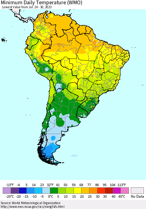 South America Minimum Daily Temperature (WMO) Thematic Map For 7/24/2023 - 7/30/2023