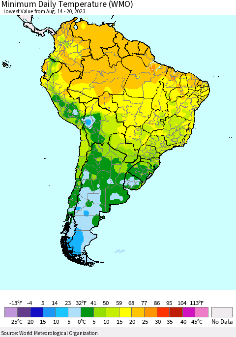 South America Minimum Daily Temperature (WMO) Thematic Map For 8/14/2023 - 8/20/2023