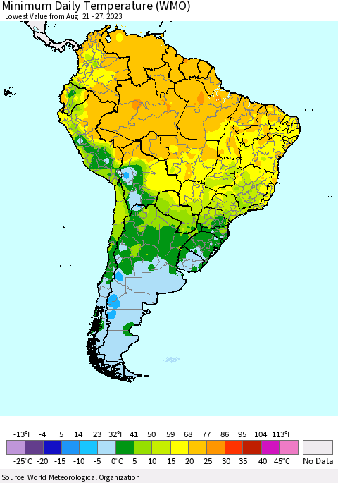 South America Minimum Daily Temperature (WMO) Thematic Map For 8/21/2023 - 8/27/2023