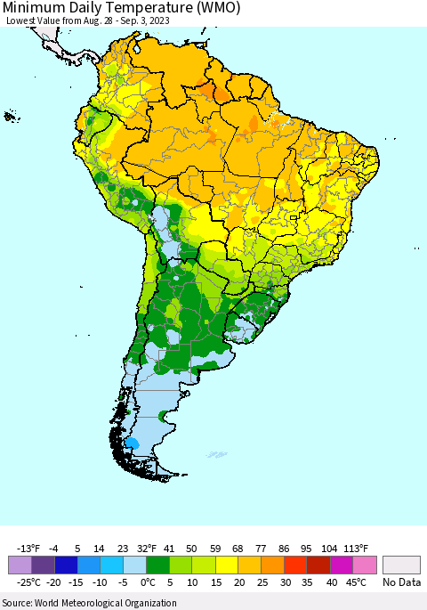 South America Minimum Daily Temperature (WMO) Thematic Map For 8/28/2023 - 9/3/2023