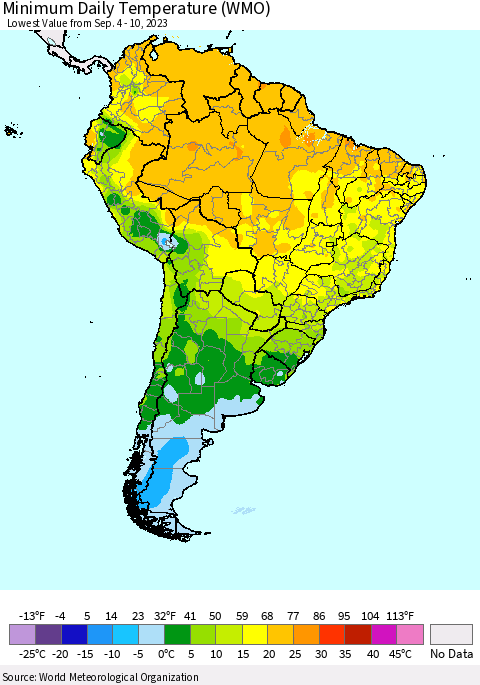 South America Minimum Daily Temperature (WMO) Thematic Map For 9/4/2023 - 9/10/2023