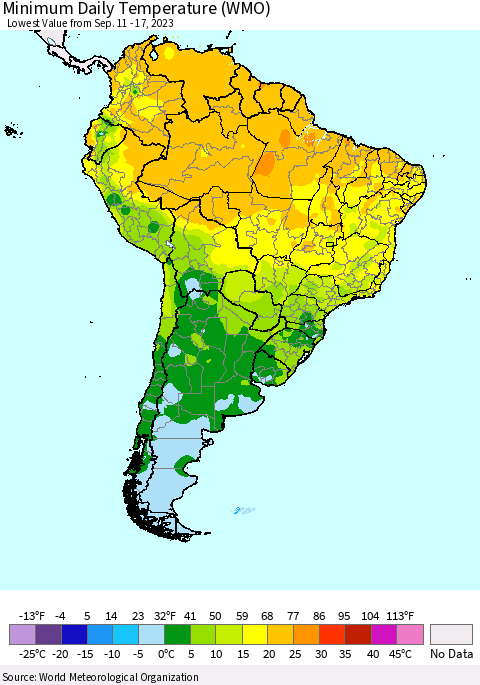 South America Minimum Daily Temperature (WMO) Thematic Map For 9/11/2023 - 9/17/2023