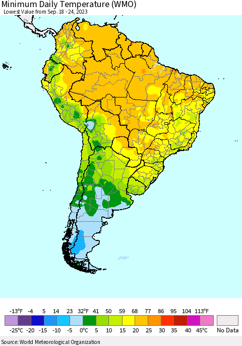 South America Minimum Daily Temperature (WMO) Thematic Map For 9/18/2023 - 9/24/2023