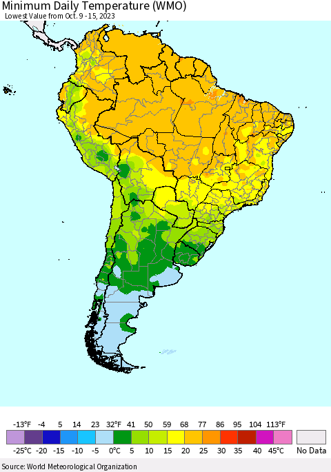 South America Minimum Daily Temperature (WMO) Thematic Map For 10/9/2023 - 10/15/2023