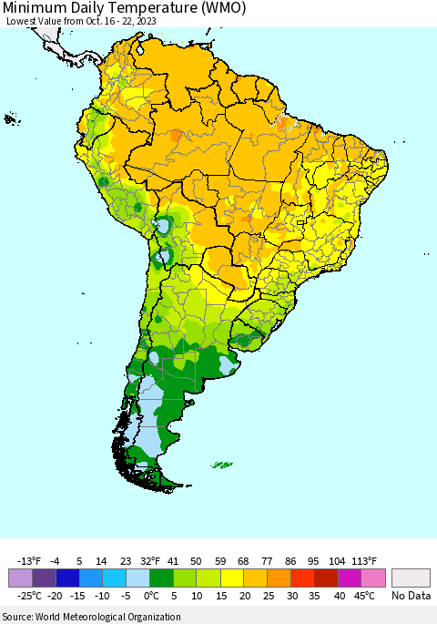South America Minimum Daily Temperature (WMO) Thematic Map For 10/16/2023 - 10/22/2023