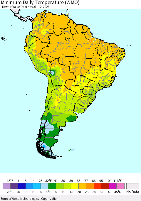 South America Minimum Daily Temperature (WMO) Thematic Map For 11/6/2023 - 11/12/2023