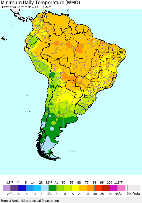 South America Minimum Daily Temperature (WMO) Thematic Map For 11/13/2023 - 11/19/2023