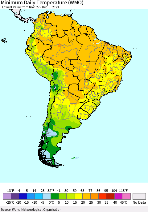 South America Minimum Daily Temperature (WMO) Thematic Map For 11/27/2023 - 12/3/2023