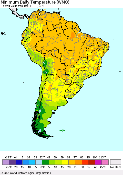 South America Minimum Daily Temperature (WMO) Thematic Map For 12/11/2023 - 12/17/2023
