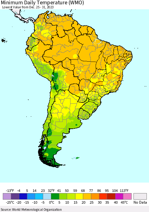 South America Minimum Daily Temperature (WMO) Thematic Map For 12/25/2023 - 12/31/2023
