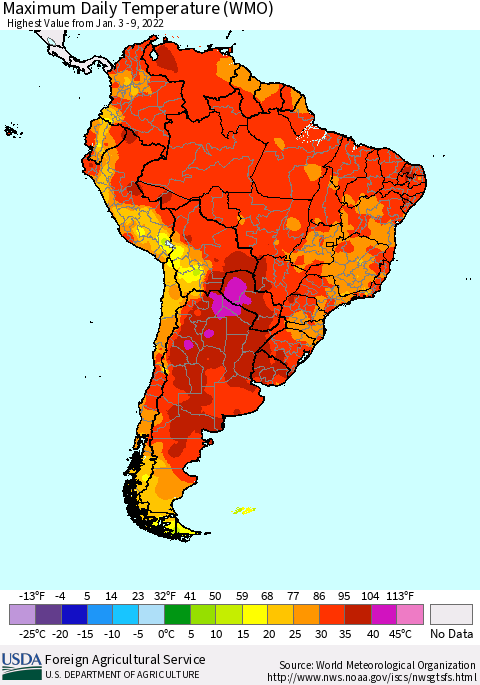 South America Maximum Daily Temperature (WMO) Thematic Map For 1/3/2022 - 1/9/2022