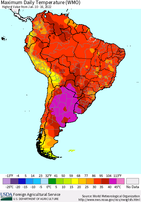 South America Maximum Daily Temperature (WMO) Thematic Map For 1/10/2022 - 1/16/2022