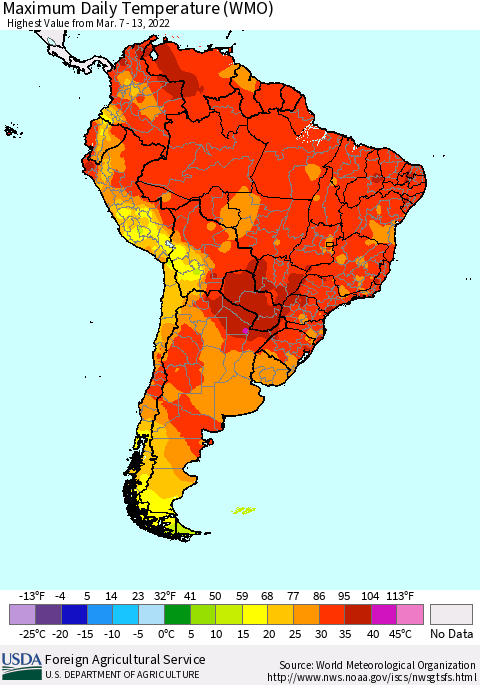 South America Maximum Daily Temperature (WMO) Thematic Map For 3/7/2022 - 3/13/2022