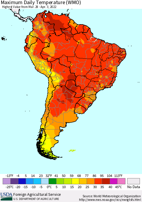 South America Maximum Daily Temperature (WMO) Thematic Map For 3/28/2022 - 4/3/2022