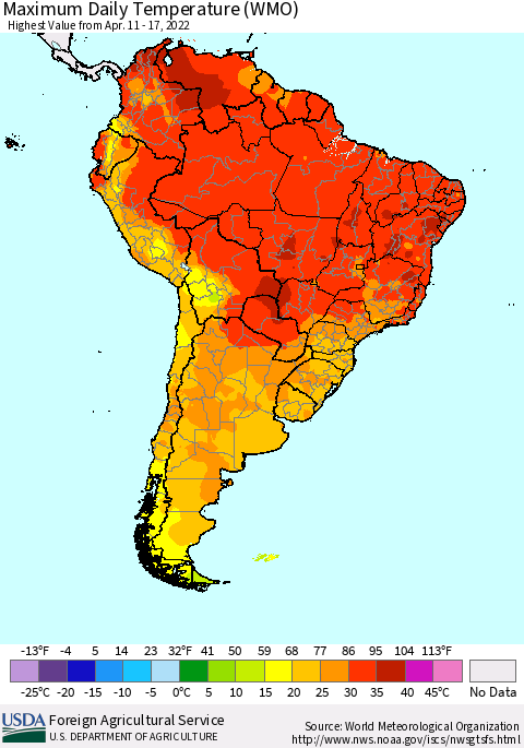 South America Maximum Daily Temperature (WMO) Thematic Map For 4/11/2022 - 4/17/2022
