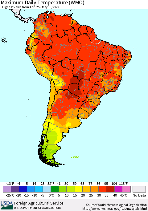 South America Maximum Daily Temperature (WMO) Thematic Map For 4/25/2022 - 5/1/2022