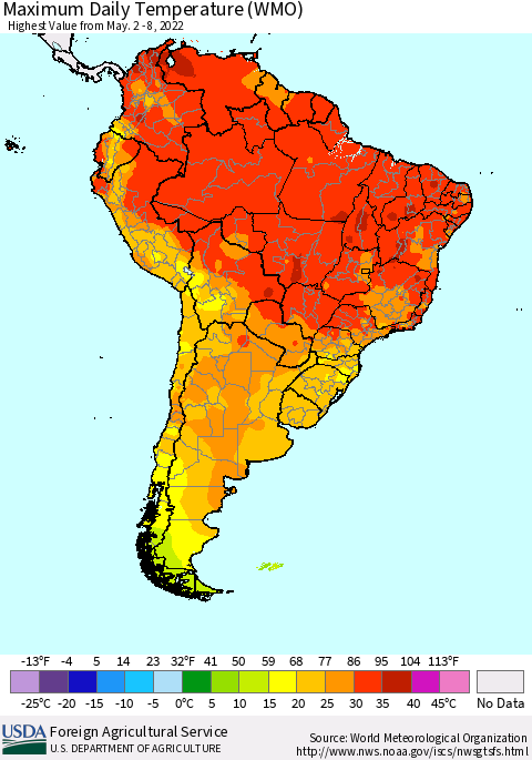 South America Maximum Daily Temperature (WMO) Thematic Map For 5/2/2022 - 5/8/2022