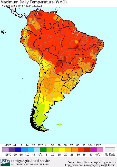 South America Maximum Daily Temperature (WMO) Thematic Map For 5/9/2022 - 5/15/2022