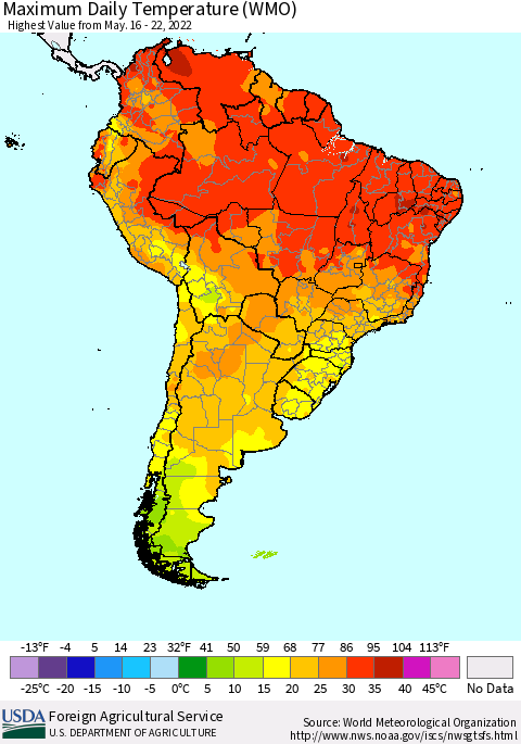 South America Maximum Daily Temperature (WMO) Thematic Map For 5/16/2022 - 5/22/2022