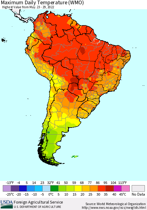 South America Maximum Daily Temperature (WMO) Thematic Map For 5/23/2022 - 5/29/2022